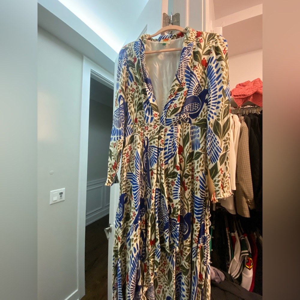 FARM Rio Blue Green White Floral Maxi Dress with Red Accents - Picture 3 of 8